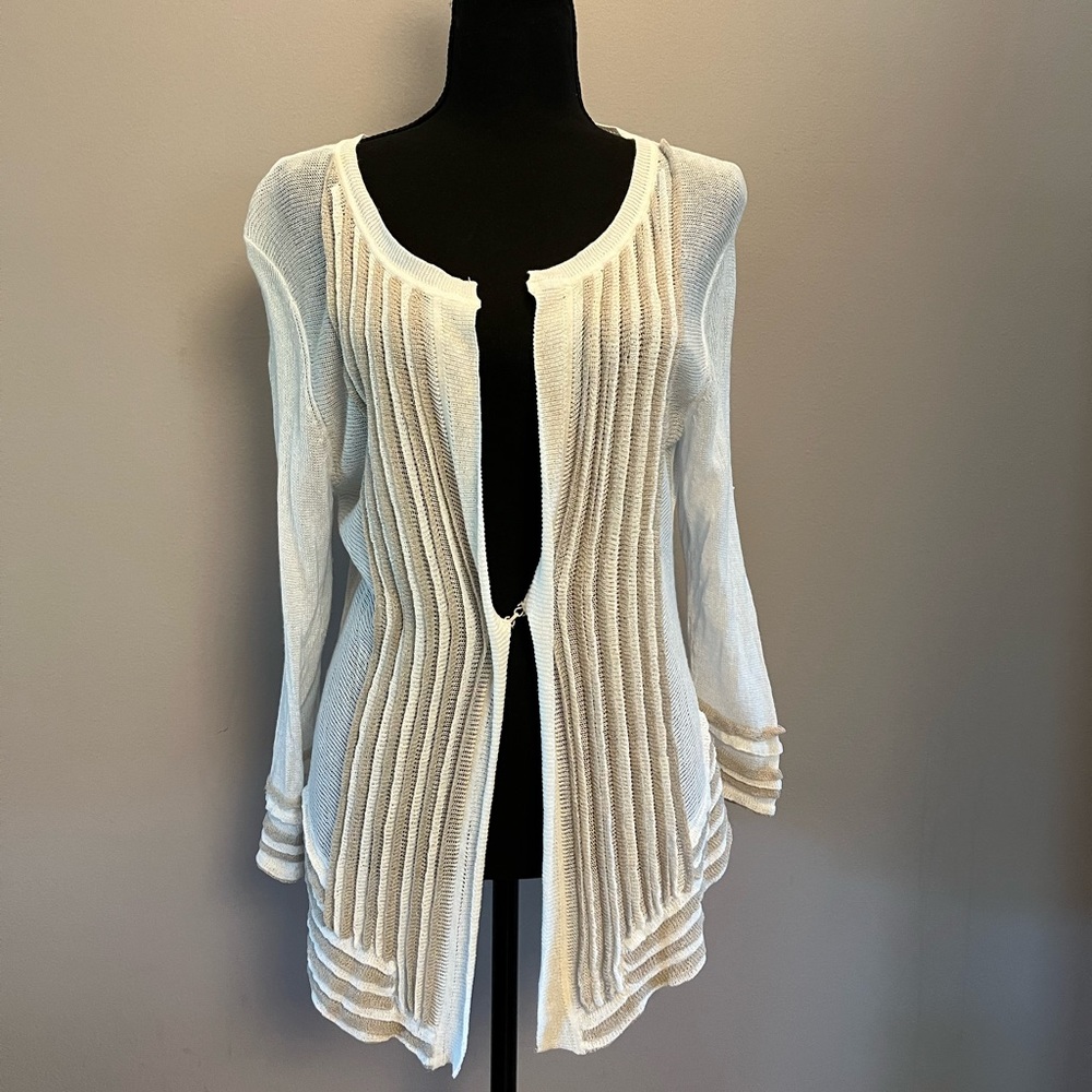 NIC+ZOE Size L Tan and White Cardigan